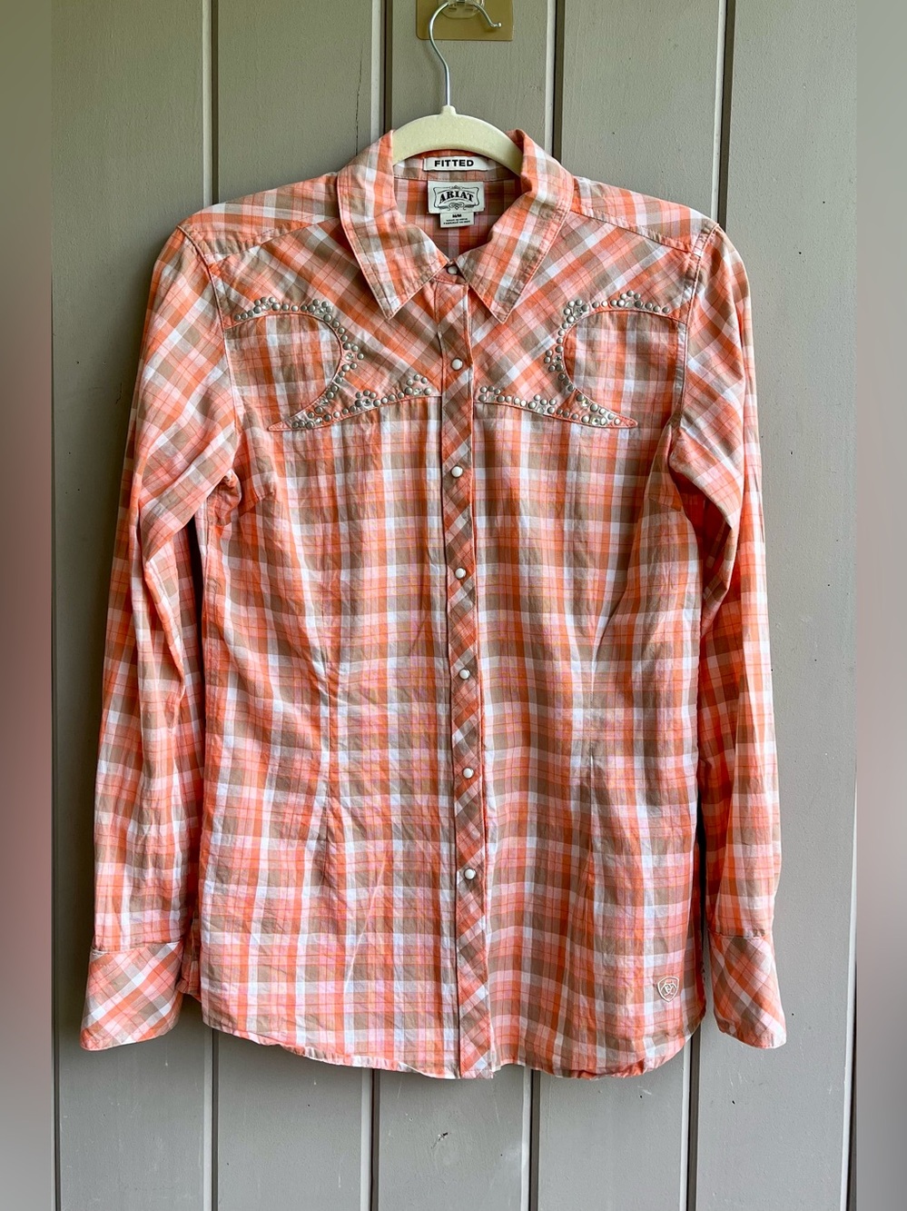 Ariat Women's M Peach and White Plaid Western Snap Shirt with Stud Accents